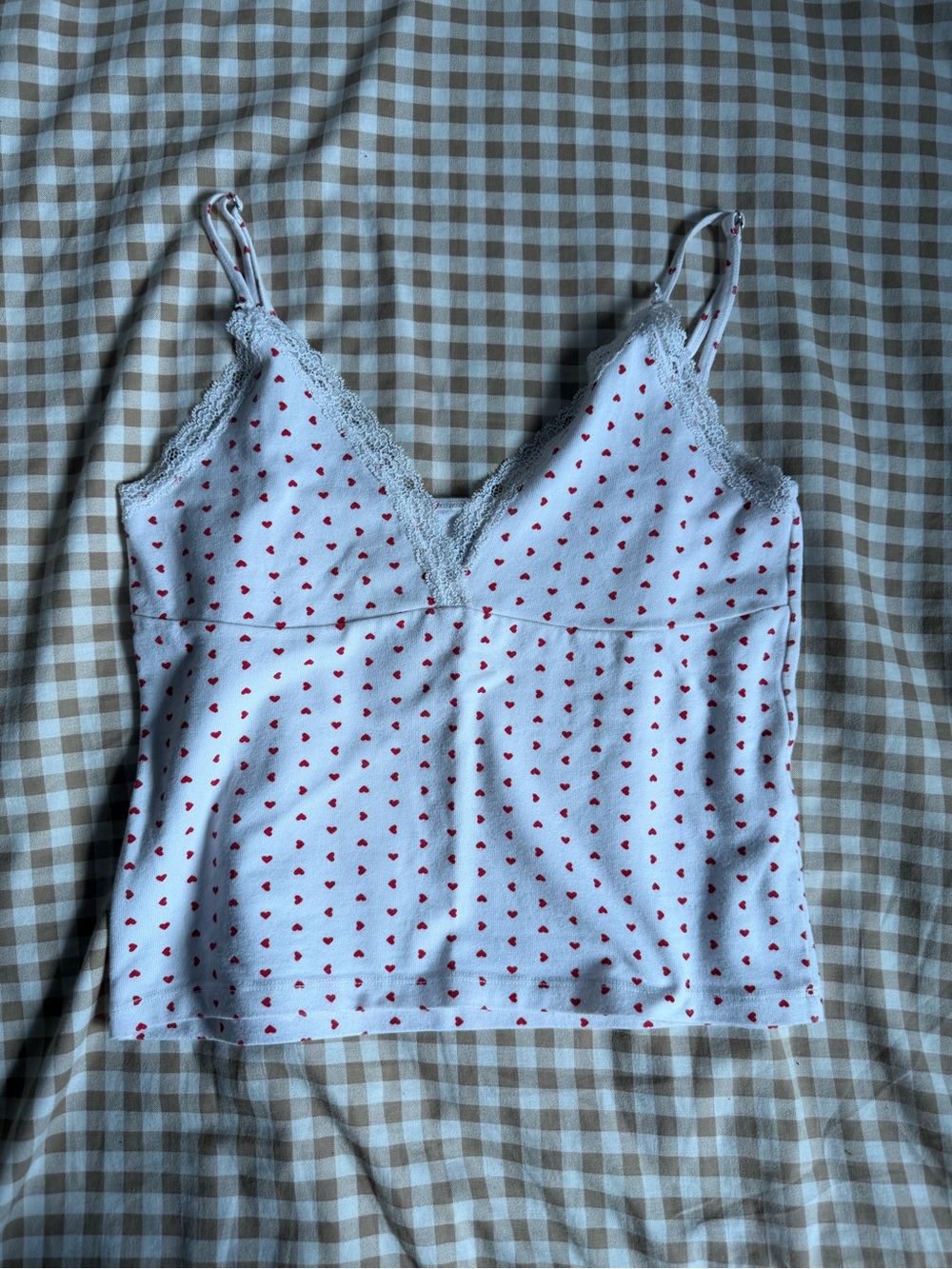 Brandy Melville White Lace-Trim Heart Print Cami Tank Top